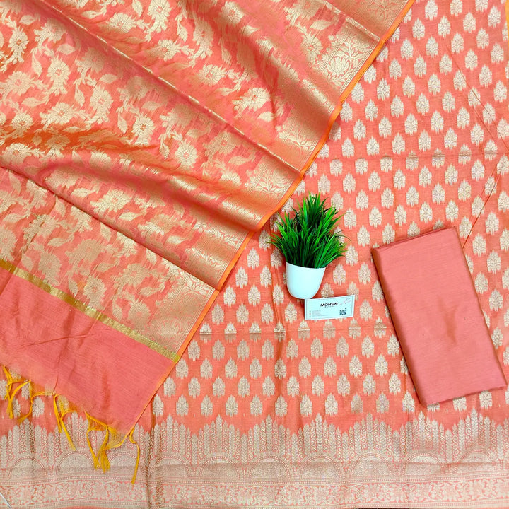 Peach Frozen Tree Banarasi Silk Suit