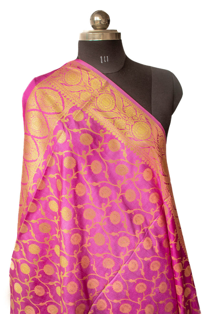 Pink Golden Zari Katan Silk Banarasi Dupatta