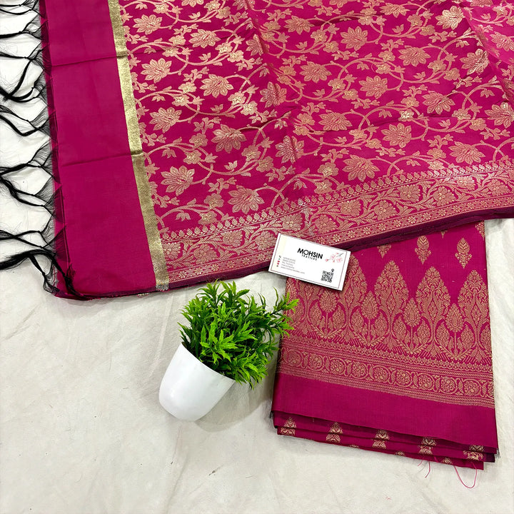 Pink Parvat Buti Satin Silk Banarasi Suit