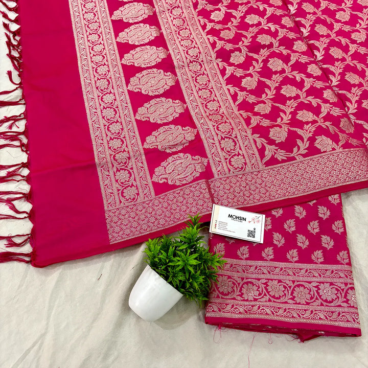 Pink Tedhi Patti Katan Silk Banarasi Suit