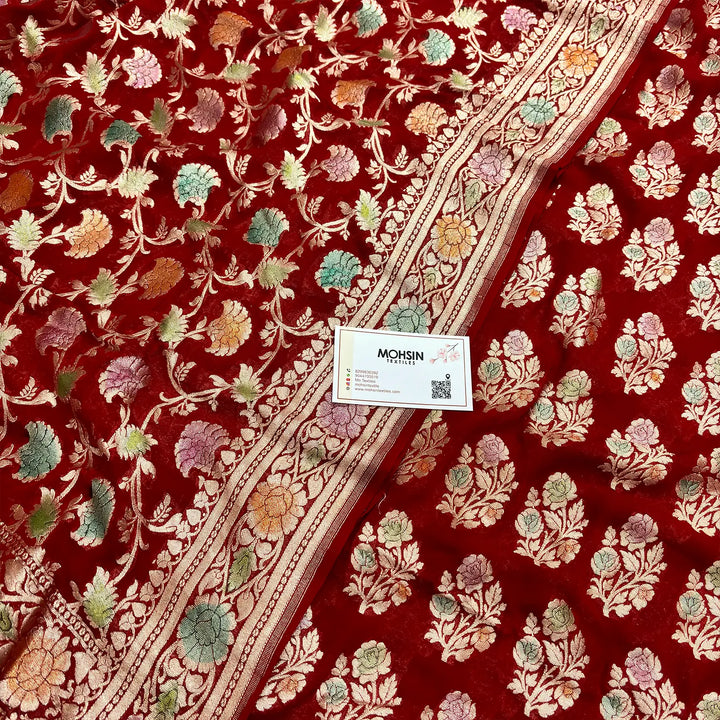 Red Hand Brush Handloom Georgette Silk Banarasi Suit