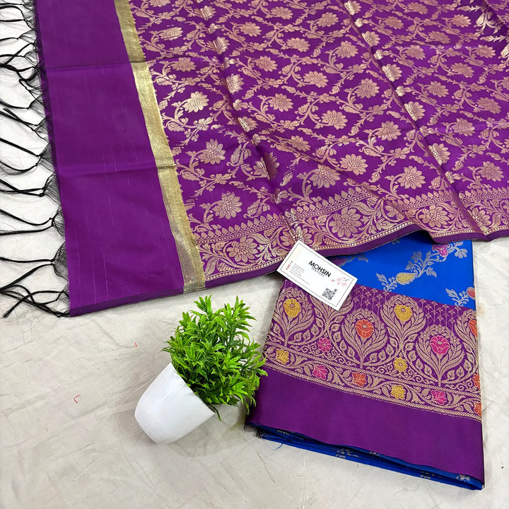 Royal Blue and Purple Rang Mahal Satin Silk Banarasi Suit