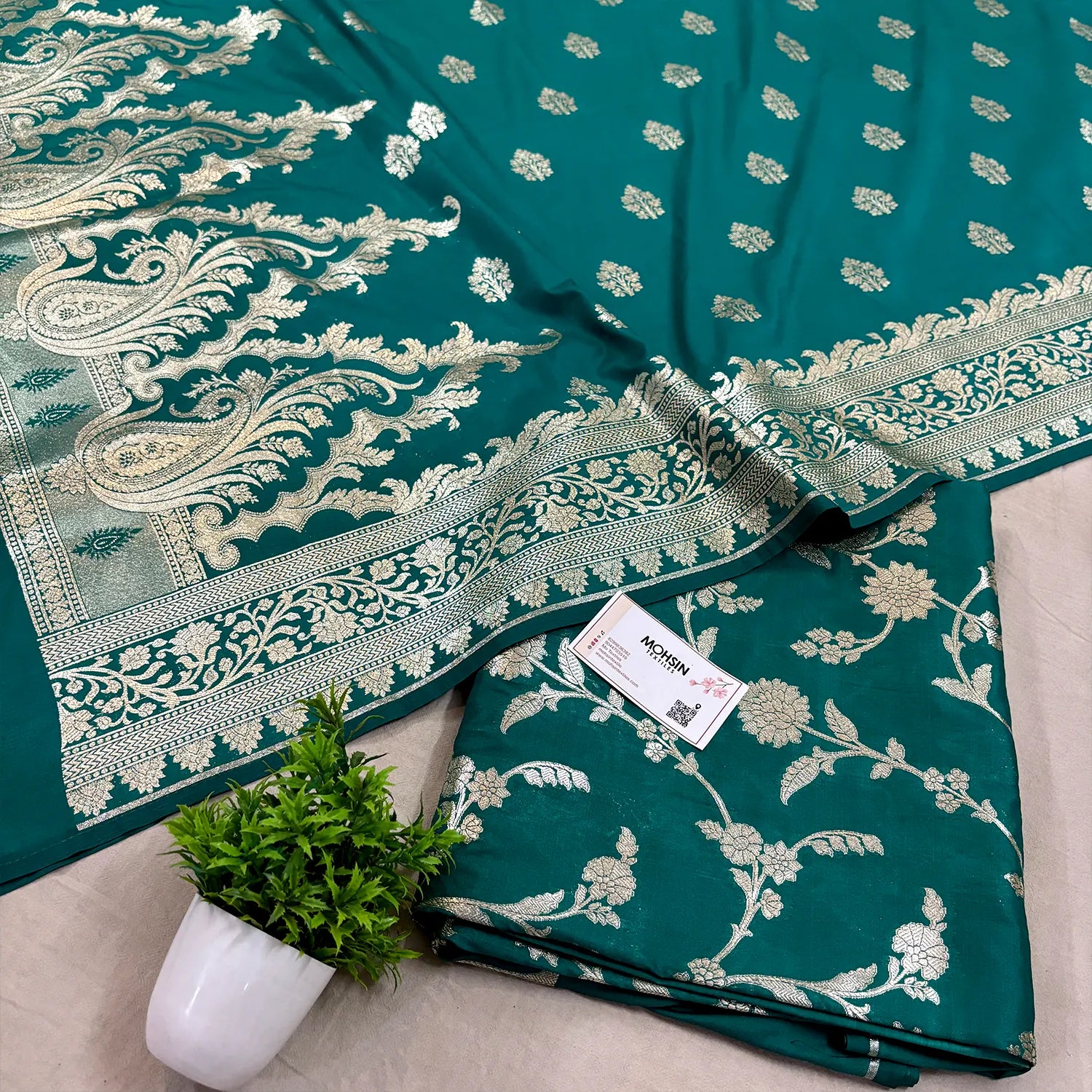 Teal Golden Zari Katan Silk Banarasi Suit