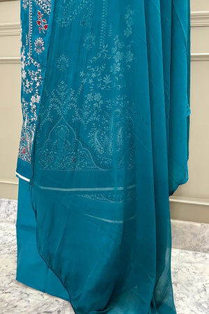 Teal Printed Cotton Silk Banarasi Suit