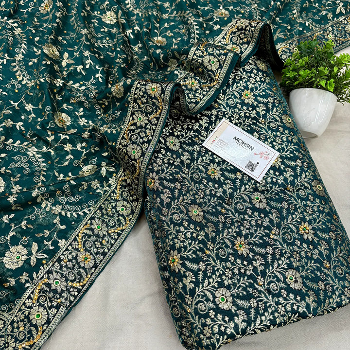 Teal Suhani Jaal Stone Work Kimkhab Silk Banarasi Gharara