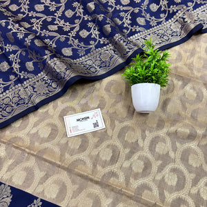 Beige and Navy Blue Kalgha Jaal Banarasi Silk Suit
