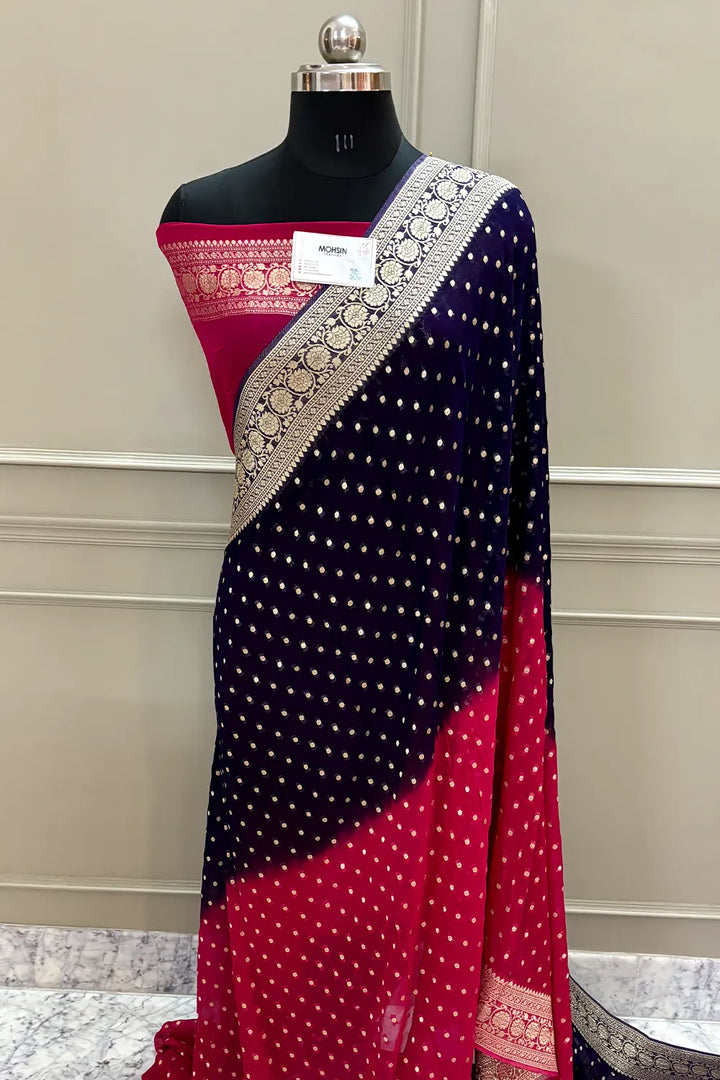 Auda and Pink Matar Dana Georgette Silk Banarasi Saree