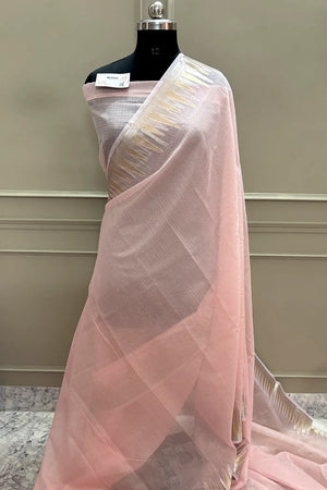 Baby Pink Plain Moonga Check Silk Saree