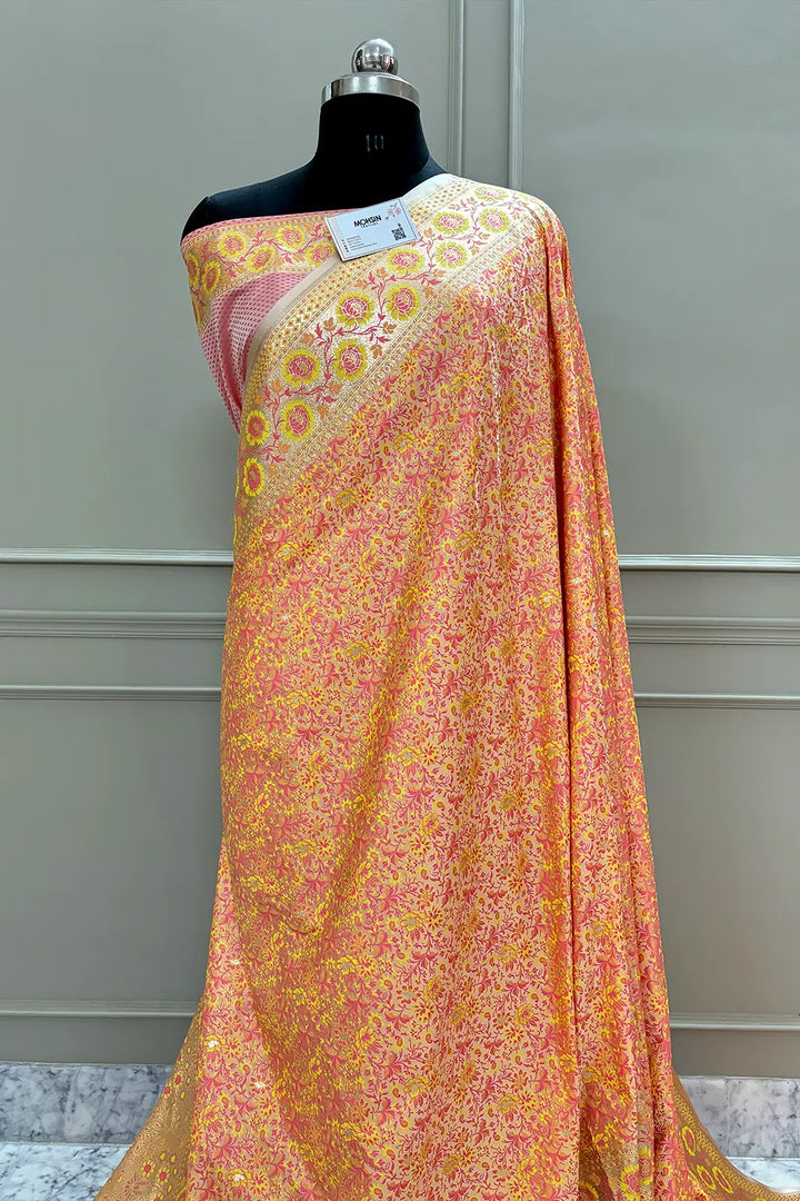 Baby Pink and Peach Jungli Jaal Katan Silk Banarasi Saree