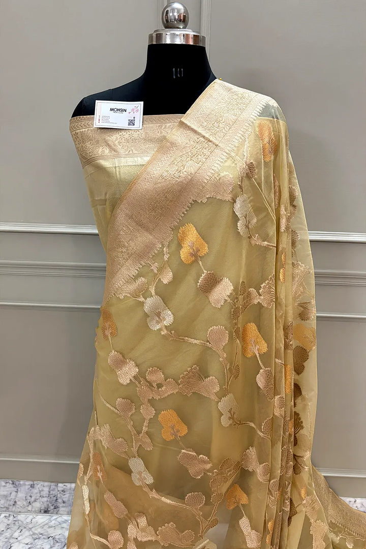 Beige Golden Zari Organza Silk Banarasi Saree