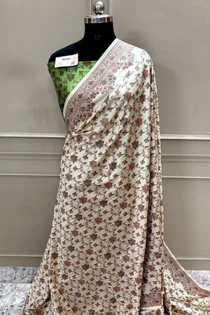 Beige and Pista Resham Silk Banarasi Saree