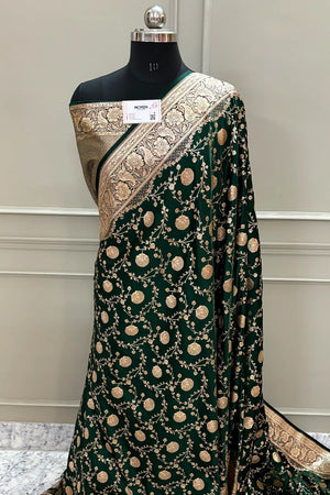 Bottle Green Churmuri Jaal Katan Silk Banarasi Saree