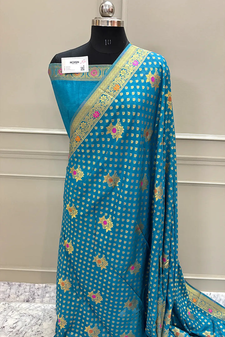 Firozi Golden Zari Dola Silk Banarasi Saree