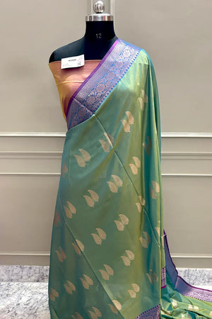 Green and Rust Golden Zari Banarasi Silk Saree