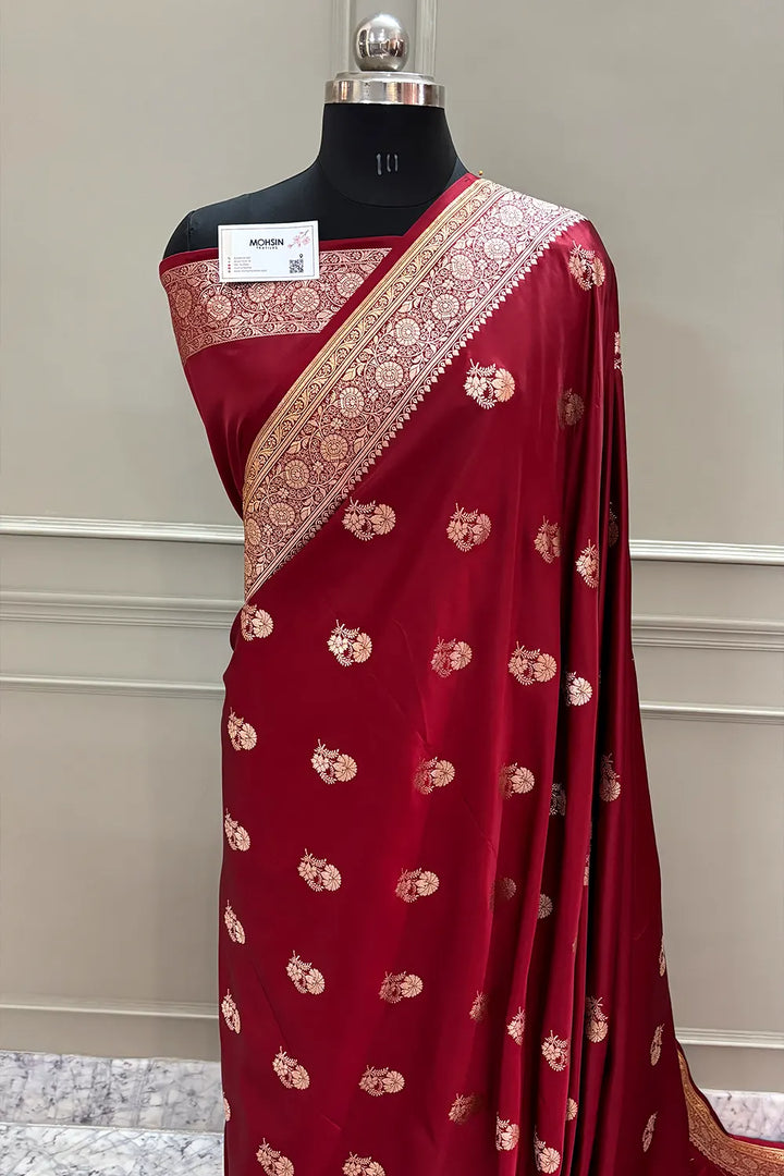 Maroon Golden Flower Katan Silk Banarasi Saree