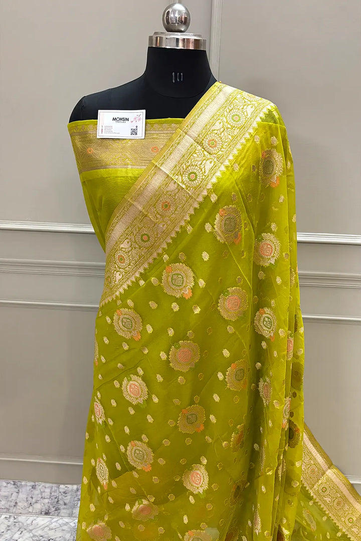 Mehendi Golden Zari Organza Silk Banarasi Saree