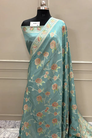 Mint Green Rosy Jaal Georgette Silk Banarasi Saree