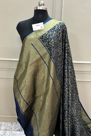 Navy Blue Jamawar Katan Silk Banarasi Saree