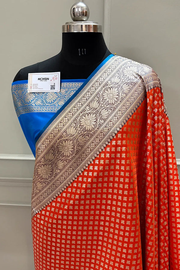 Orange and Blue Chidi Buti Katan Silk Banarasi Saree