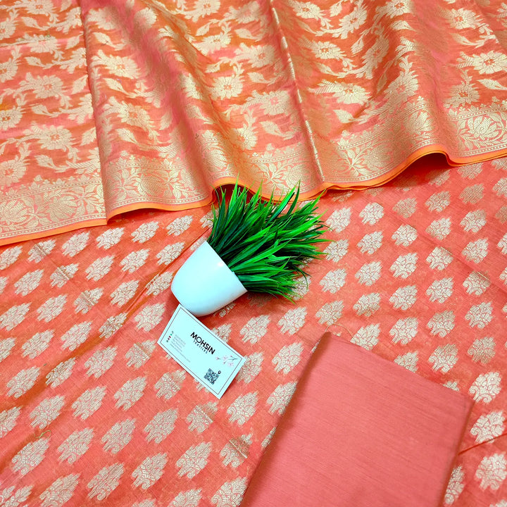 Peach Frozen Tree Banarasi Silk Suit