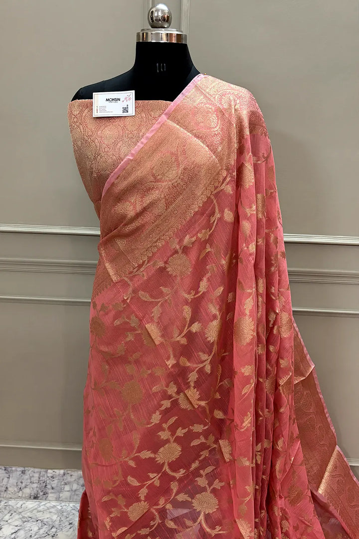 Peach Lotus Jaal Chanderi Silk Banarasi Saree