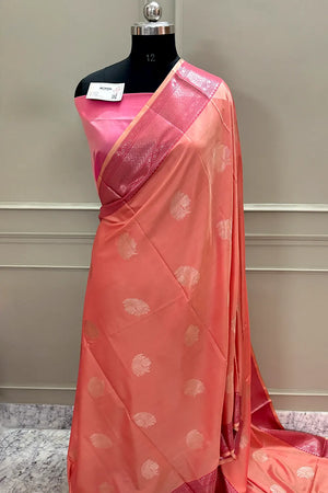 Peach and Pink Golden Zari Banarasi Silk Saree