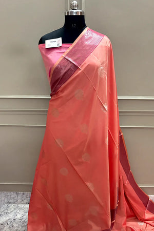 Peach and Pink Golden Zari Banarasi Silk Saree
