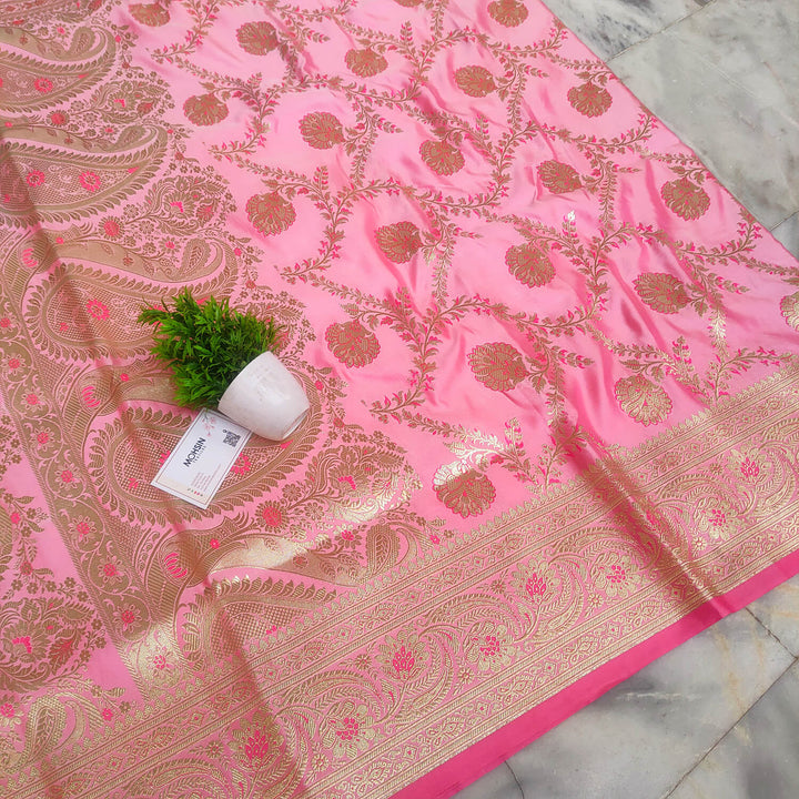 Pink Handloom Pure Katan Silk Banarasi Saree