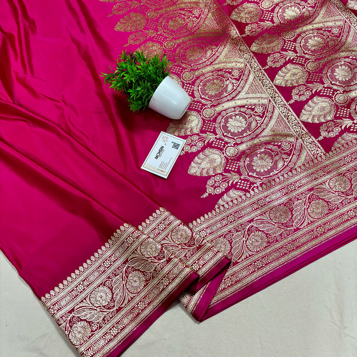 Pink Plain Golden Zari Katan Silk Banarasi Saree