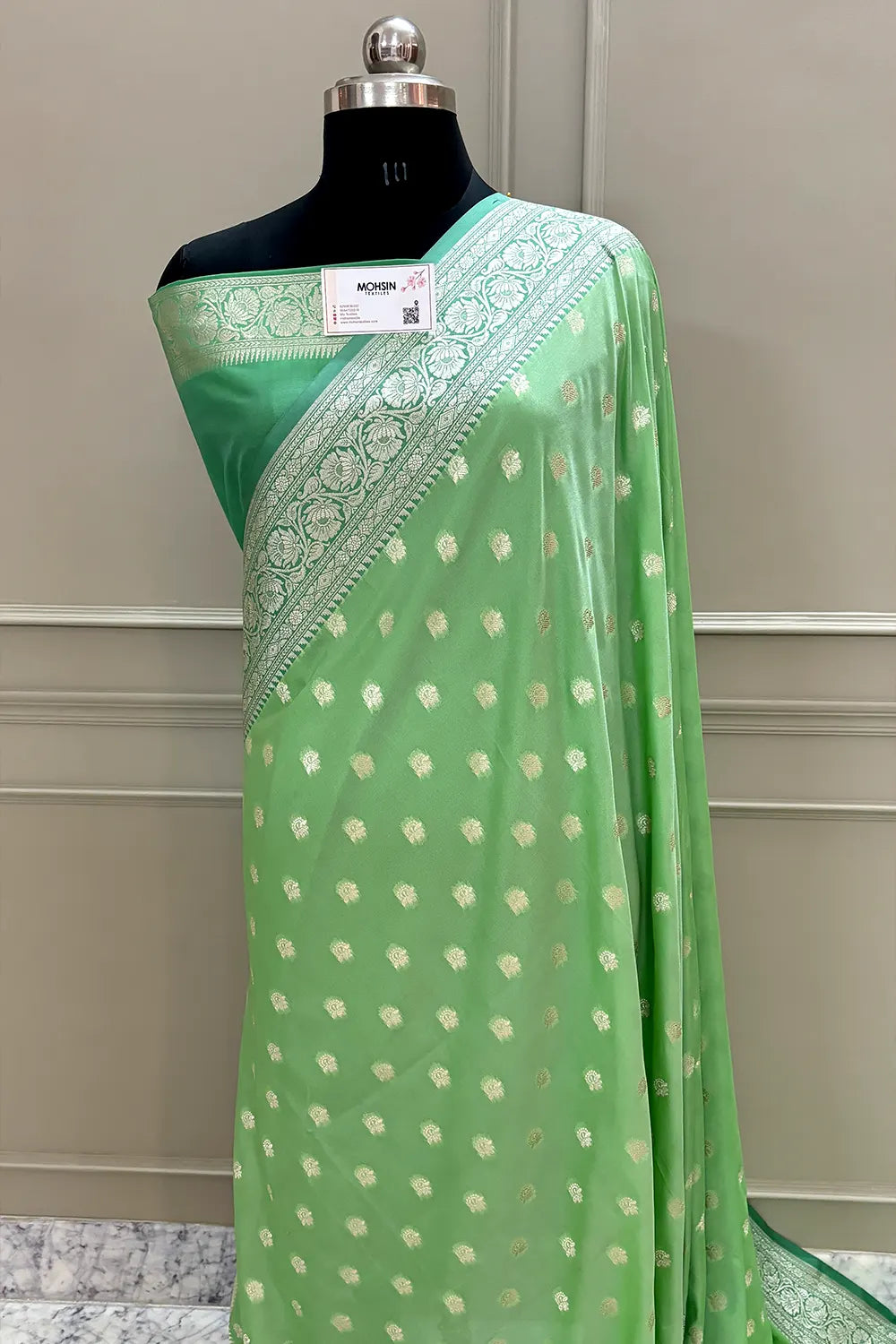 Pista and Dark Pista Ghonga Buti Katan Silk Banarasi Saree