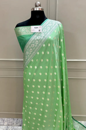 Pista and Dark Pista Ghonga Buti Katan Silk Banarasi Saree
