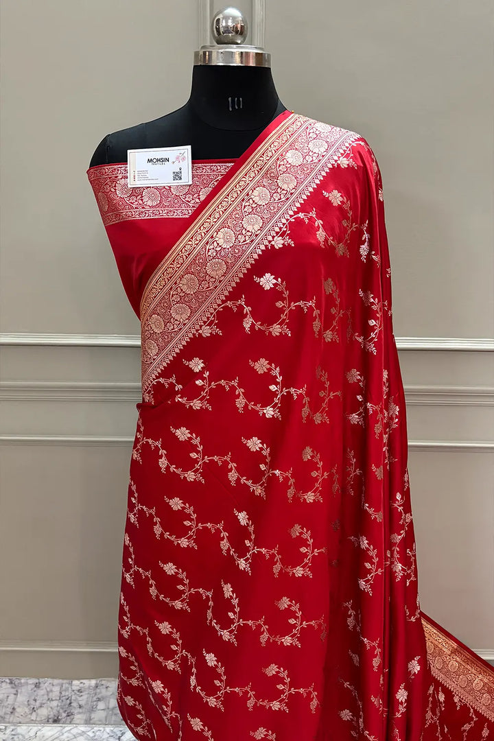 Red Jhadi Jaal Katan Silk Banarasi Saree