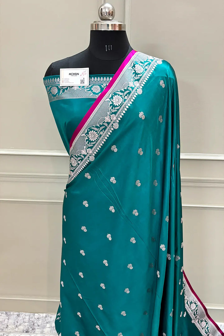 Teal Babri Buti Katan Silk Banarasi Saree