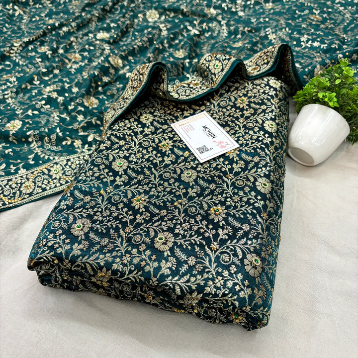 Teal Suhani Jaal Stone Work Kimkhab Silk Banarasi Gharara