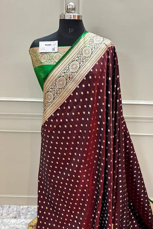 Wine and Green Makkhi Buti Katan Silk Banarasi Saree