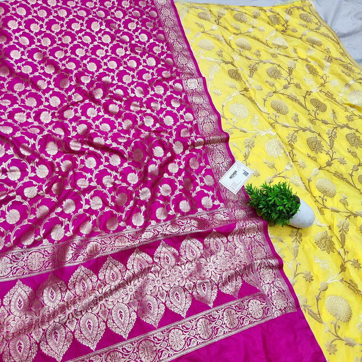 Yellow and Pink Golden Zari Katan Silk Banarasi Suit