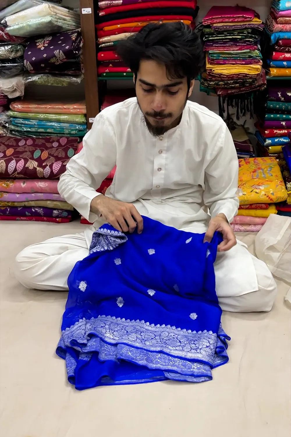Royal Blue Handloom Pure Georgette Silk Banarasi Saree