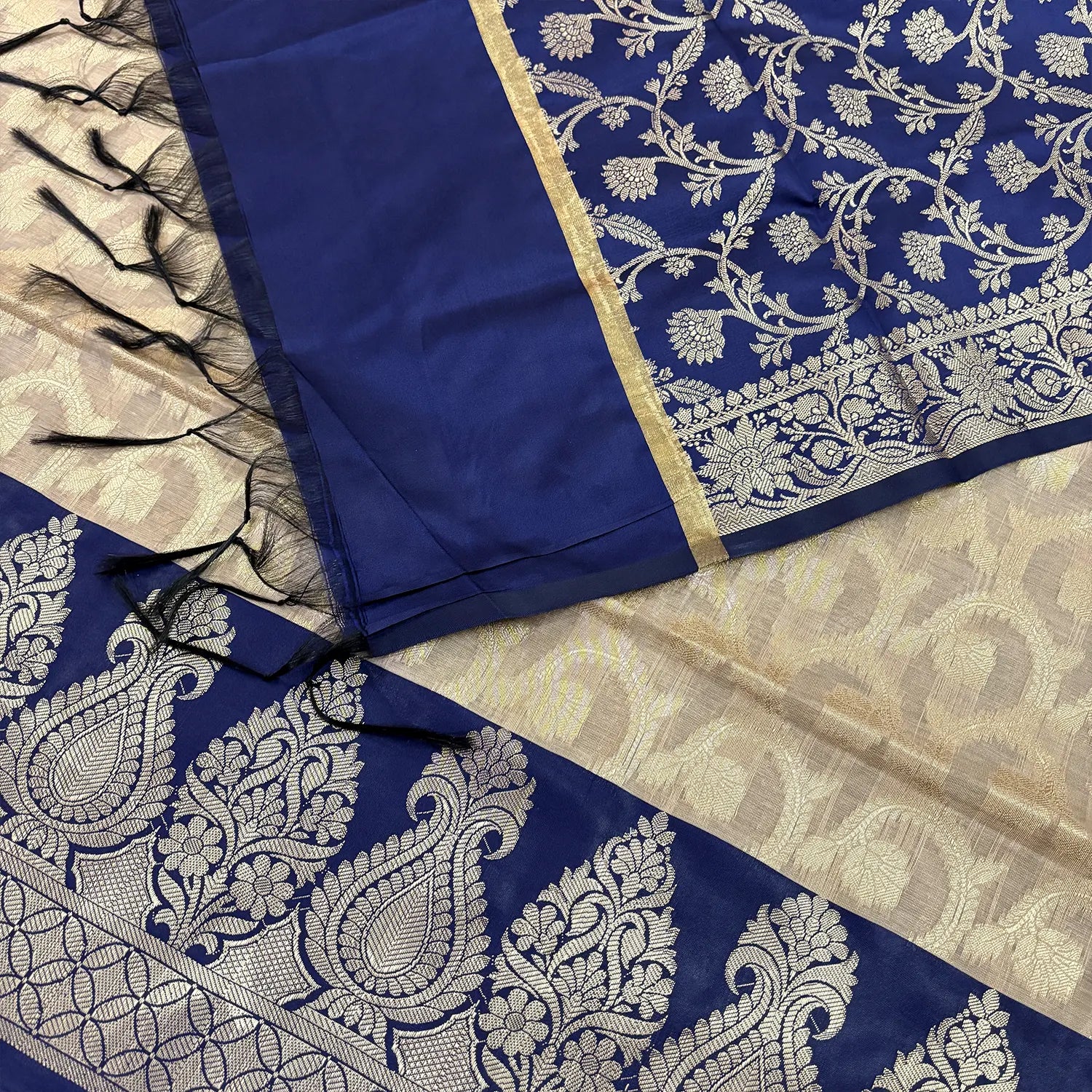 Beige and Navy Blue Kalgha Jaal Banarasi Silk Suit
