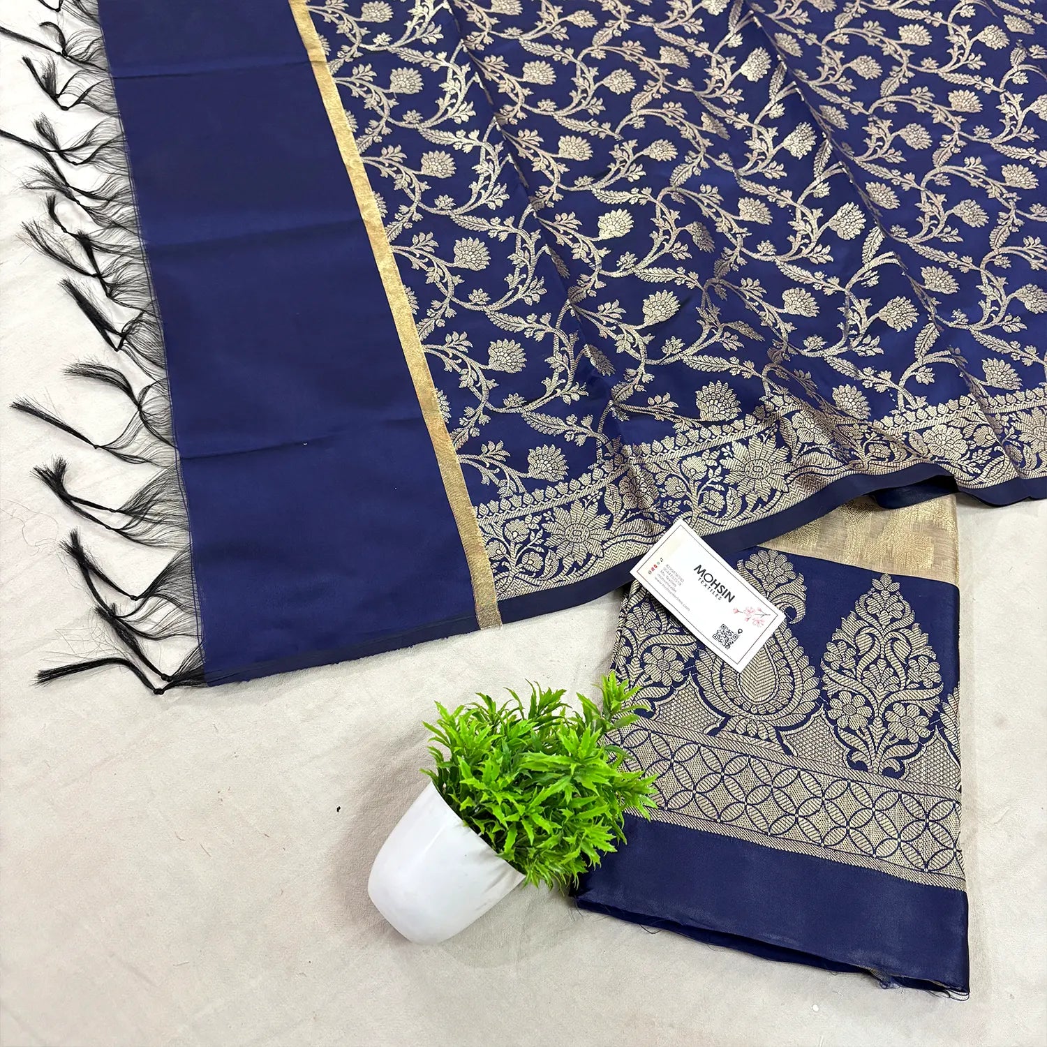 Beige and Navy Blue Kalgha Jaal Banarasi Silk Suit