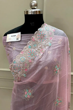 Baby Pink Embroidery Siroski Brasso Net Saree