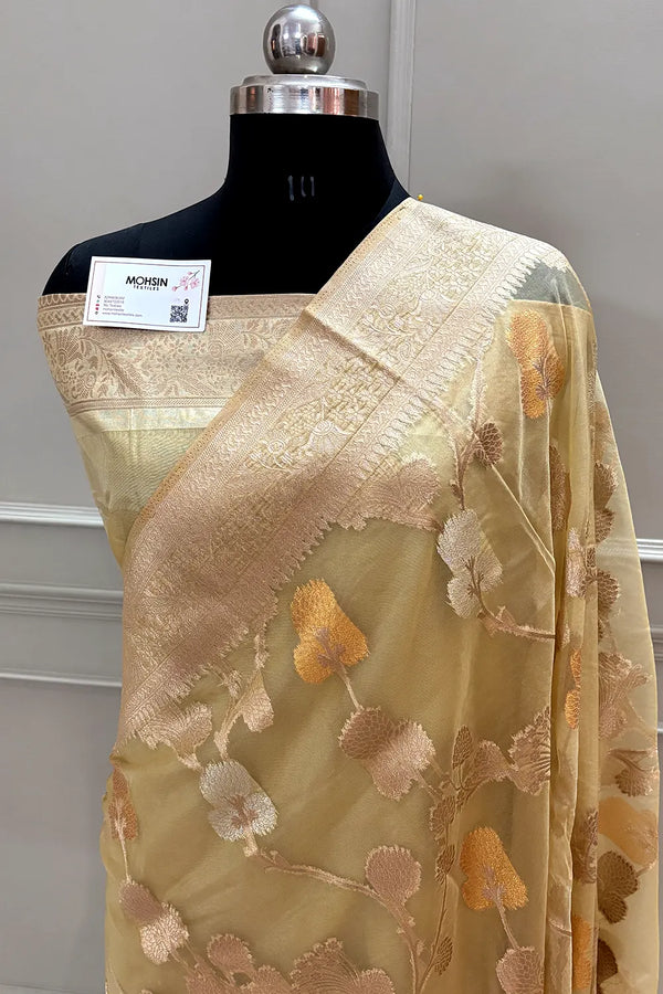 Beige Golden Zari Organza Silk Banarasi Saree