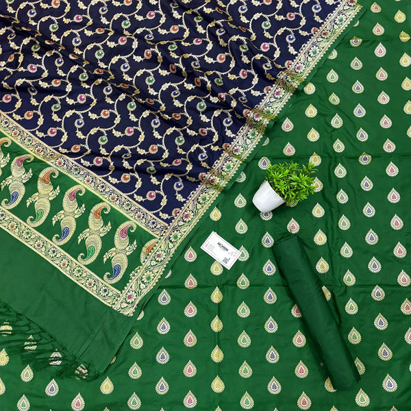 Bottle Green and Navy Blue Golden Zari Katan Silk Banarasi Suit