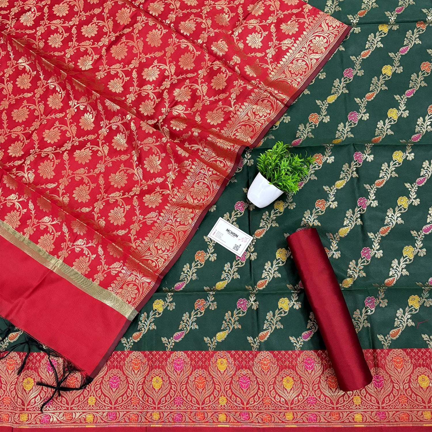 Red Rang Bottle Green and Red Rang Mahal Satin Silk Banarasi Suit β Mohsin Textiles