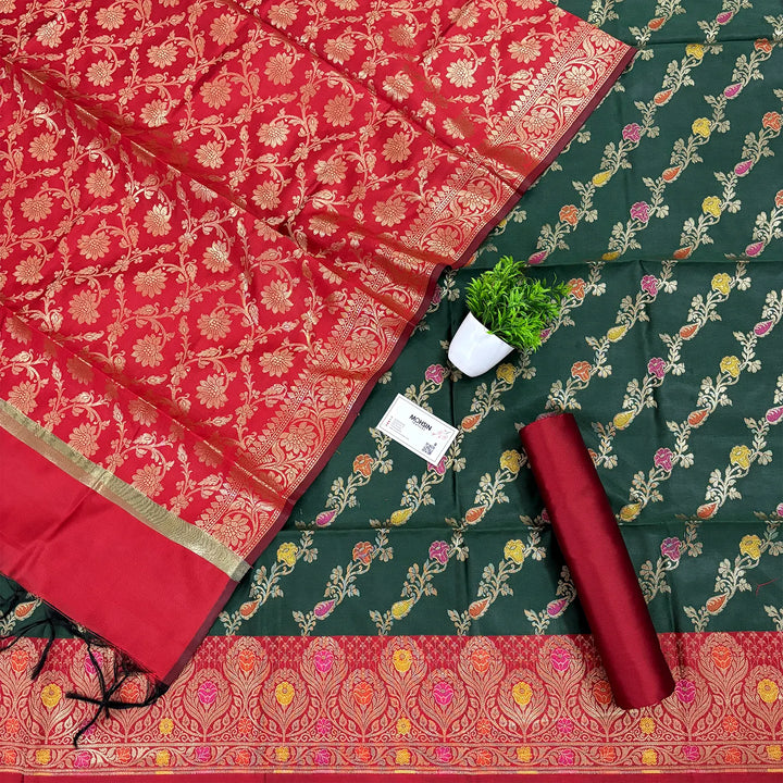 Bottle Green and Red Rang Mahal Satin Silk Banarasi Suit