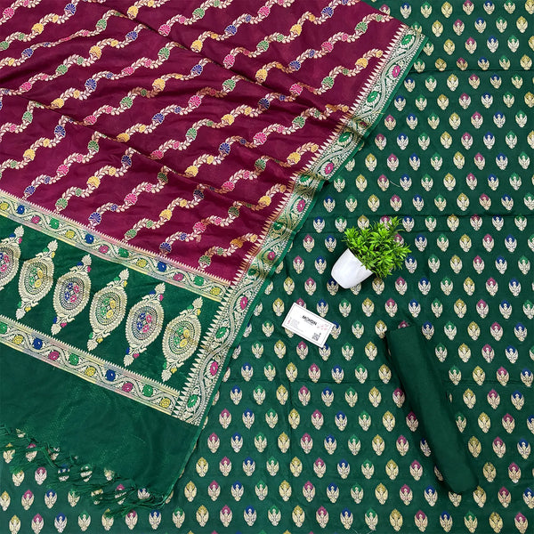 Bottle Green and Wine Golden Zari Katan Silk Banarasi Suit