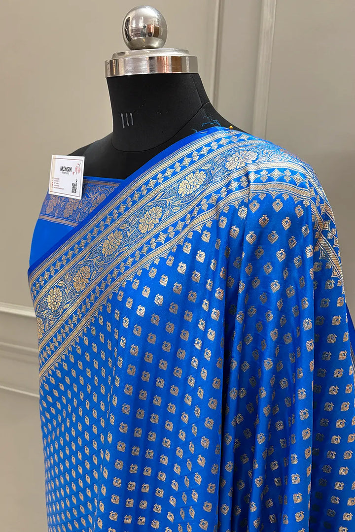 Firozi Golden Paan Katan Silk Banarasi Saree