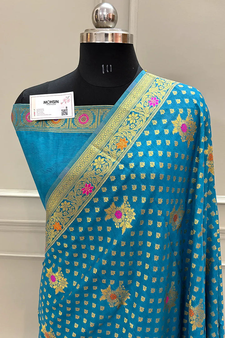 Firozi Golden Zari Dola Silk Banarasi Saree