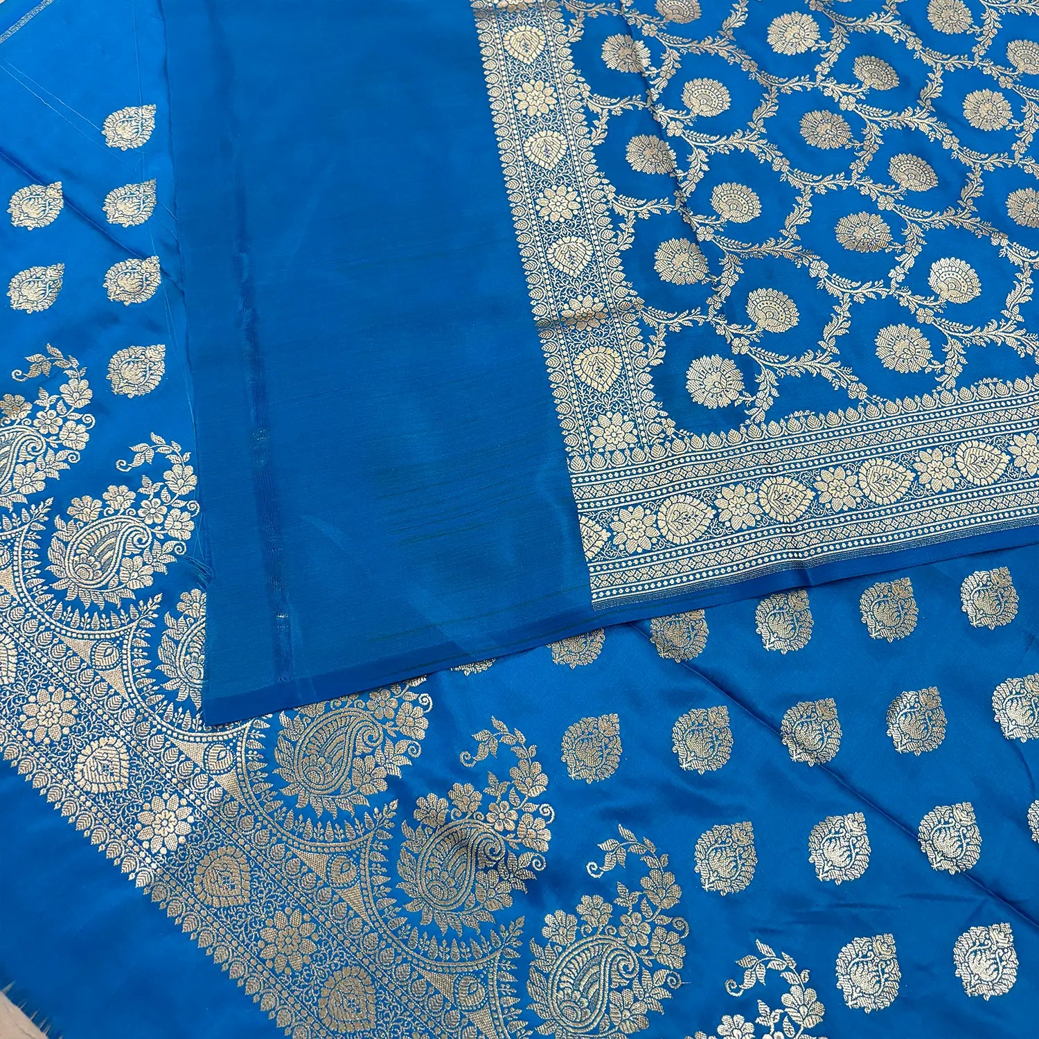 Firozi Golden Zari Katan Silk Banarasi Suit