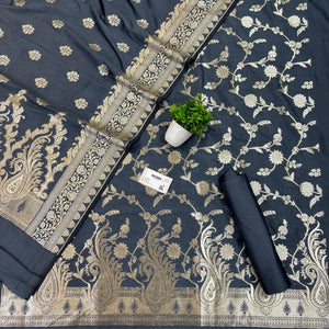 Grey Golden Zari Katan Silk Banarasi Suit