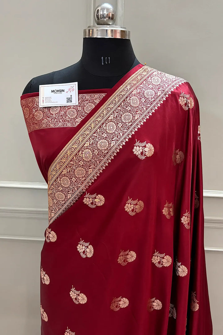 Maroon Golden Flower Katan Silk Banarasi Saree